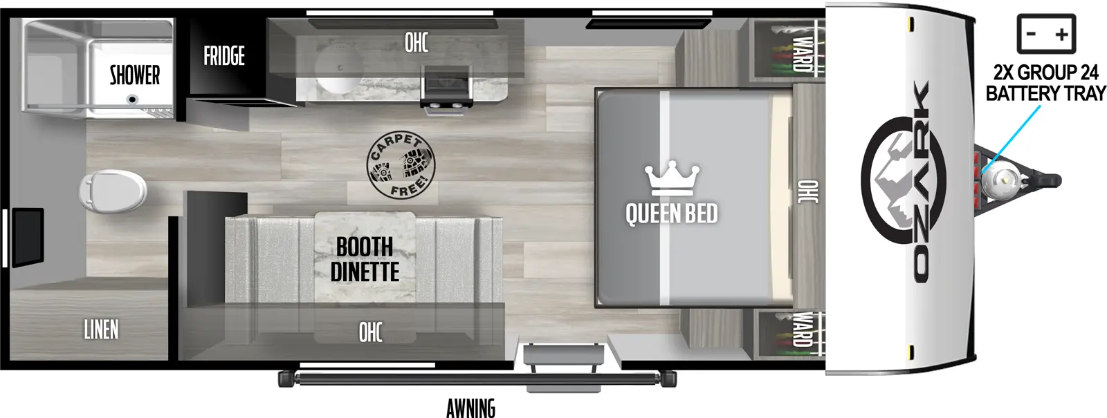 The 1610RBLE has zero slideouts and one entry. Exterior features 2X group 24 battery tray, and awning. Interior layout front to back: foot-facing queen bed with overhead cabinet and wardrobes on each side; off-door side kitchen counter with sink, overhead cabinet, cooktop, and refrigerator; door side entry, and booth dinette with overhead cabinet; rear bathroom with toilet, shower and linen closet only. Carpet-Free Interior.